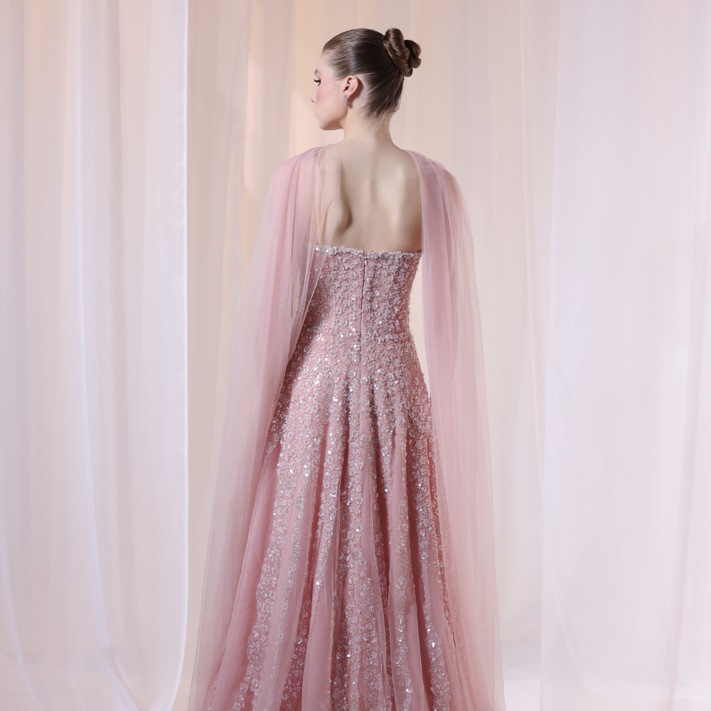 Shop online soft blush gown with delicate shimmer, airy movement and refined elegance, perfect for parties, receptions and special occasions.