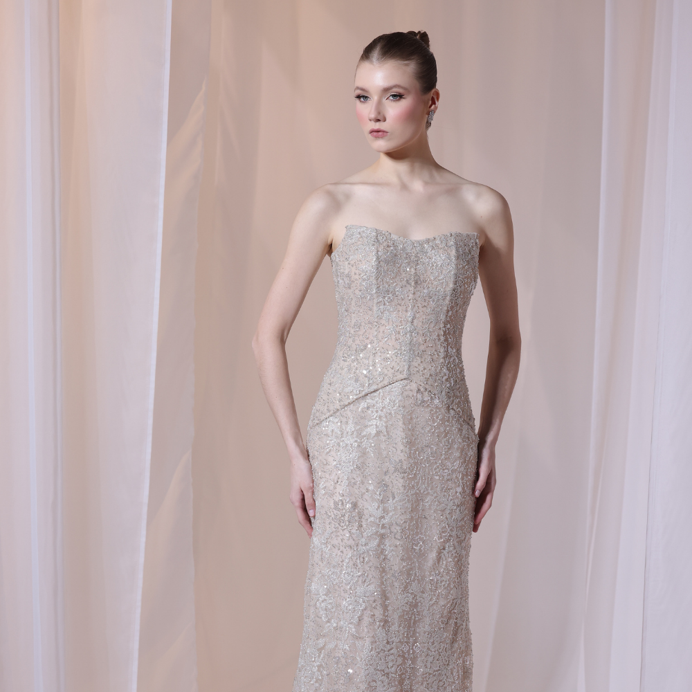 Shop online refined champagne gown with delicate all-over shimmer and sleek fitted silhouette, perfect for parties, receptions and special occasions.