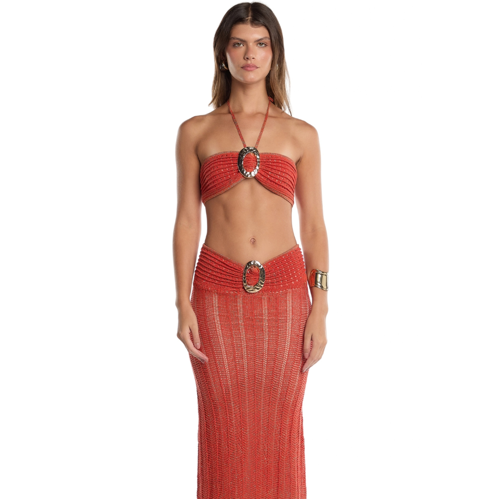 Shop the Luli Knit Maxi Skirt at TLM, featuring a flattering fitted silhouette and decorative waist ring. Explore luxury fashion on The Luxe Maison website.