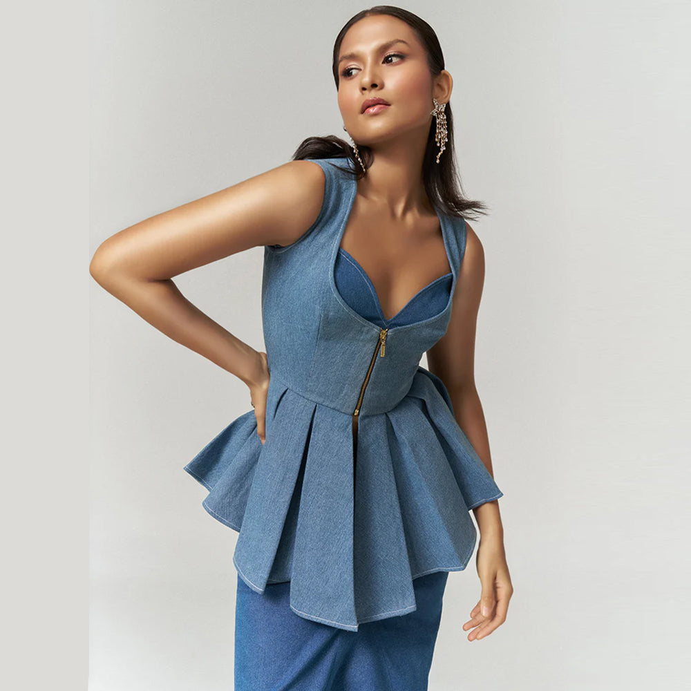 Denim 3 piece set with bustier, jacket and skirt, perfect for brunch and trips. Shop online from our curated edit of premium fashion.