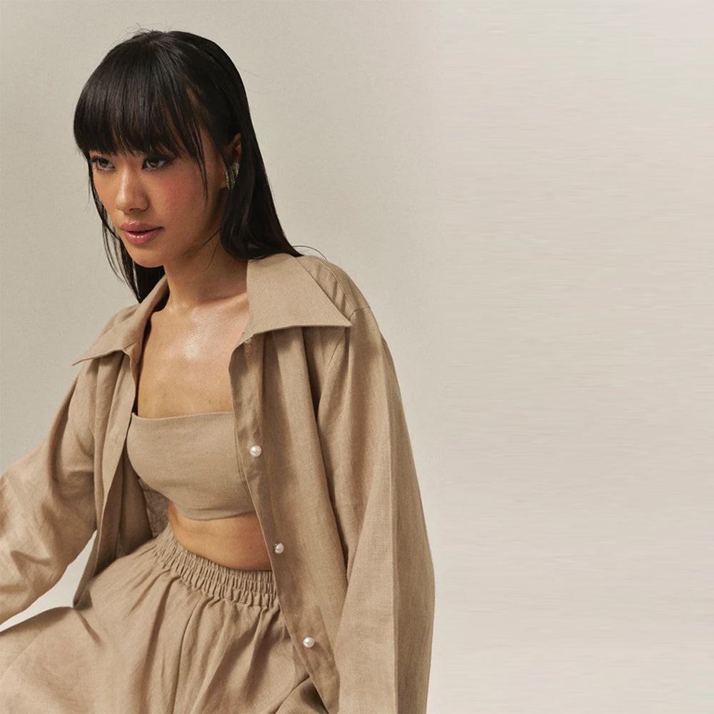 Linen co ord set with bustier, shorts and shirt, perfect for outings. Shop online from our curated edit of premium fashion.