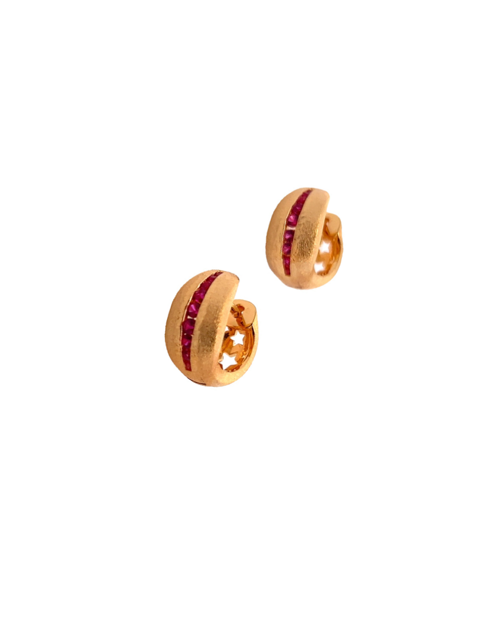Shop online premium 18K gold-dipped huggie earrings with created ruby and star accents.
