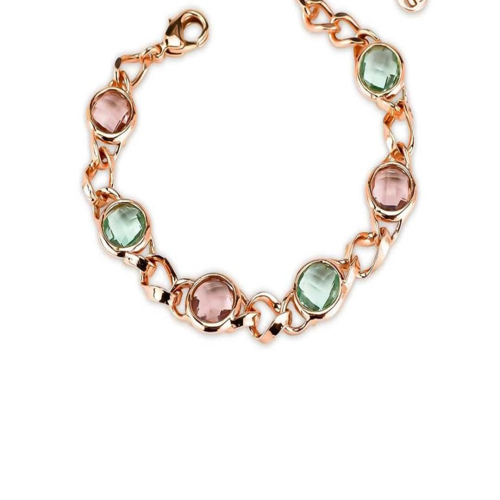 Rose gold plated bronze bracelet with alternating green amethyst and antique pink double-tone crystals for a stylish contemporary finish. Shop premium jewelry online.