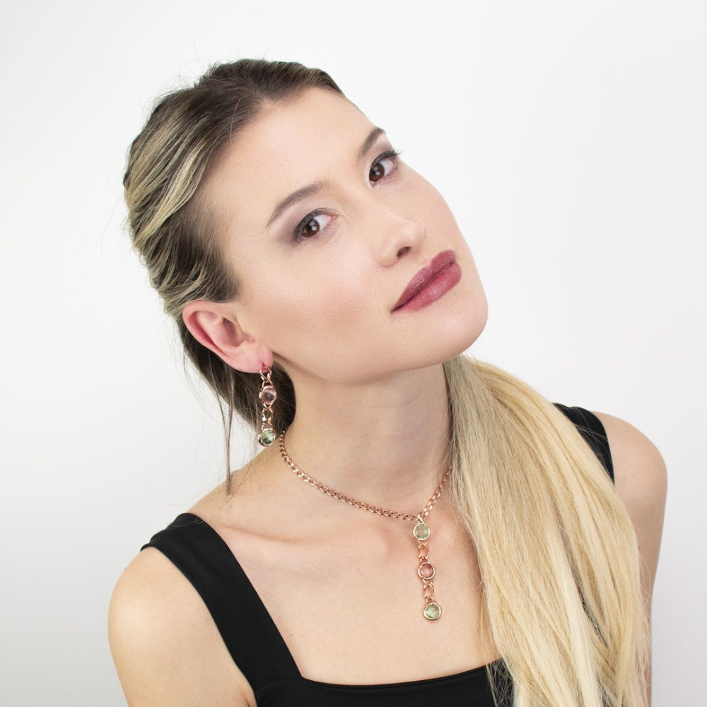 Shop online premium rose gold plated Y necklace with green and antique pink amethyst crystals on a curb chain.