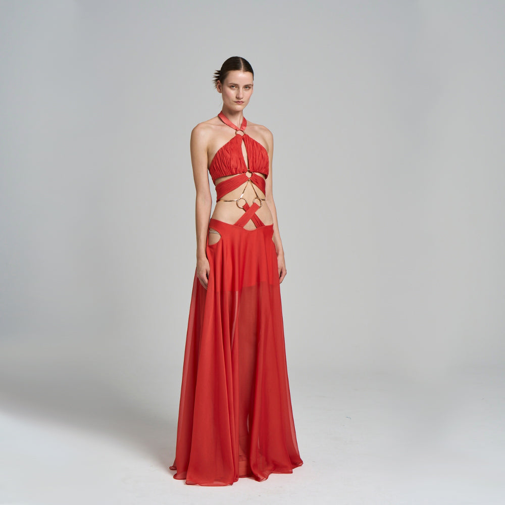 Maxi dress .Low back .Cut-out detailed .Ring chain detail .Flared skirt .Mini liner .Neck tie .Maxi evening dress