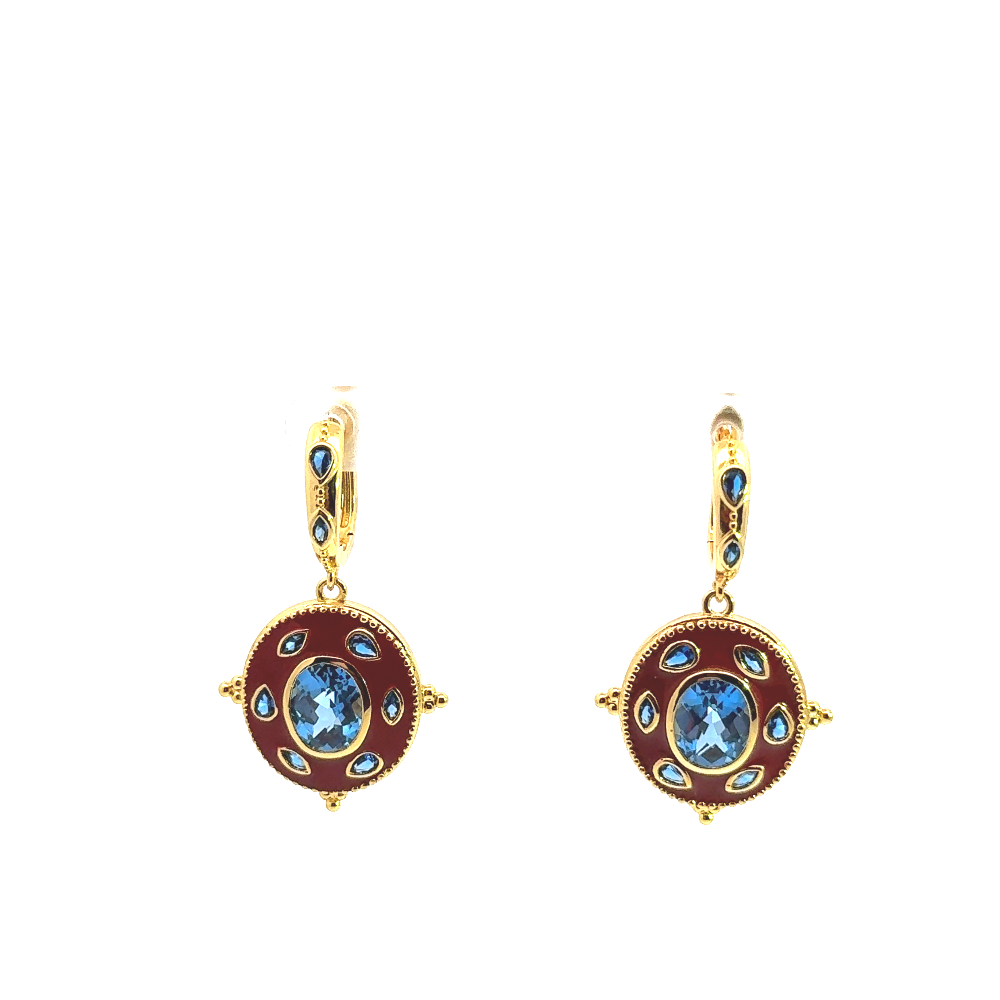 Statement 22K gold plated drop earrings with faceted created Spinel, marquise accents, and rich red enamel detailing. Perfect for elegant occasions. Shop premium jewelry online.