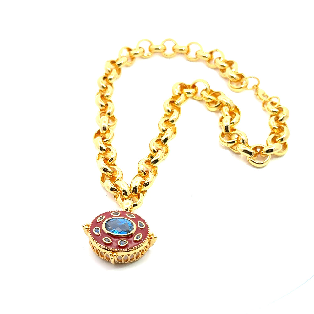 Elegant 22K gold-plated necklace with a created Spinel pendant and luxe chain. A timeless statement piece for special occasions. Shop premium jewelry online.