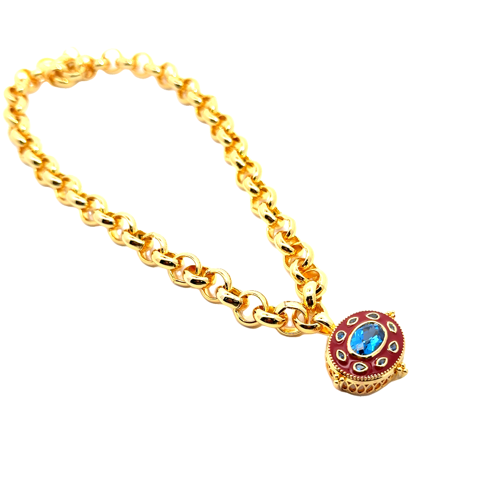Elegant 22K gold-plated necklace with a created Spinel pendant and luxe chain. A timeless statement piece for special occasions. Shop premium jewelry online.
