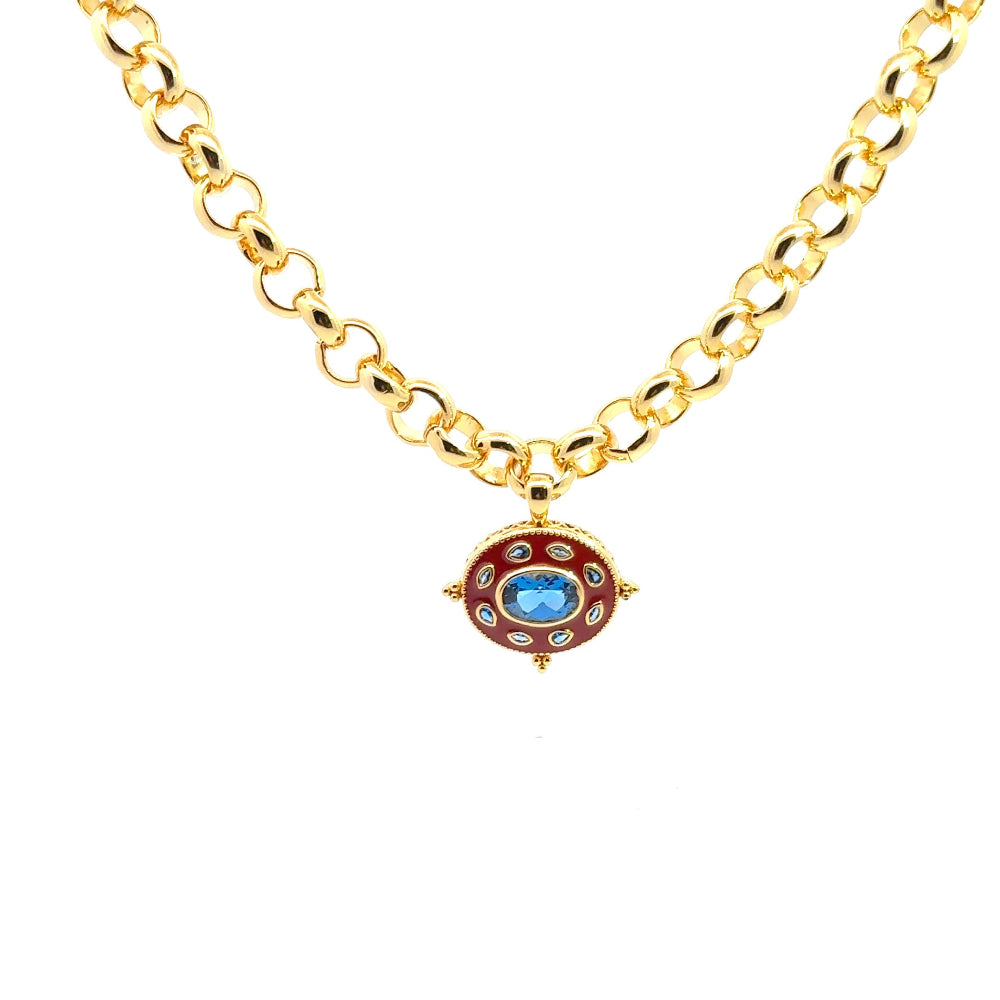 Elegant 22K gold-plated necklace with a created Spinel pendant and luxe chain. A timeless statement piece for special occasions. Shop premium jewelry online.