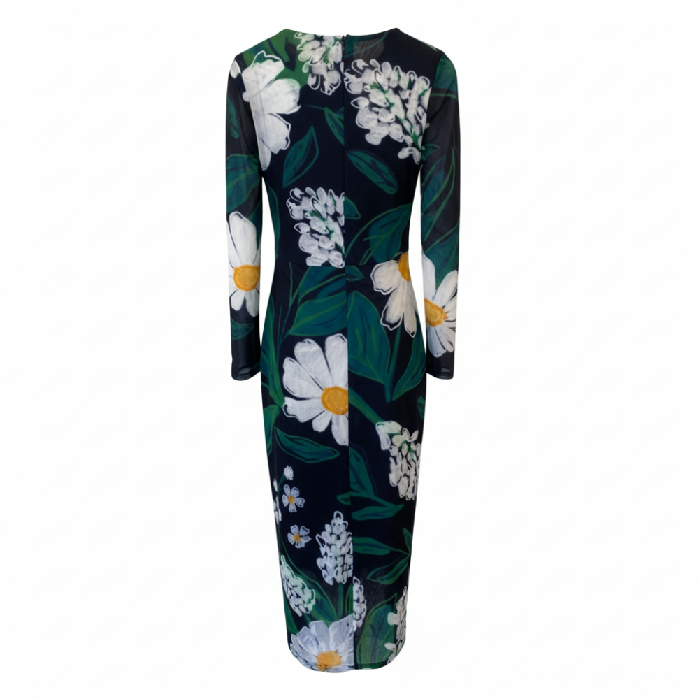 Chic floral midi dress in recycled mesh with nature-inspired print. Elegant, sustainable style. Shop premium styles online.