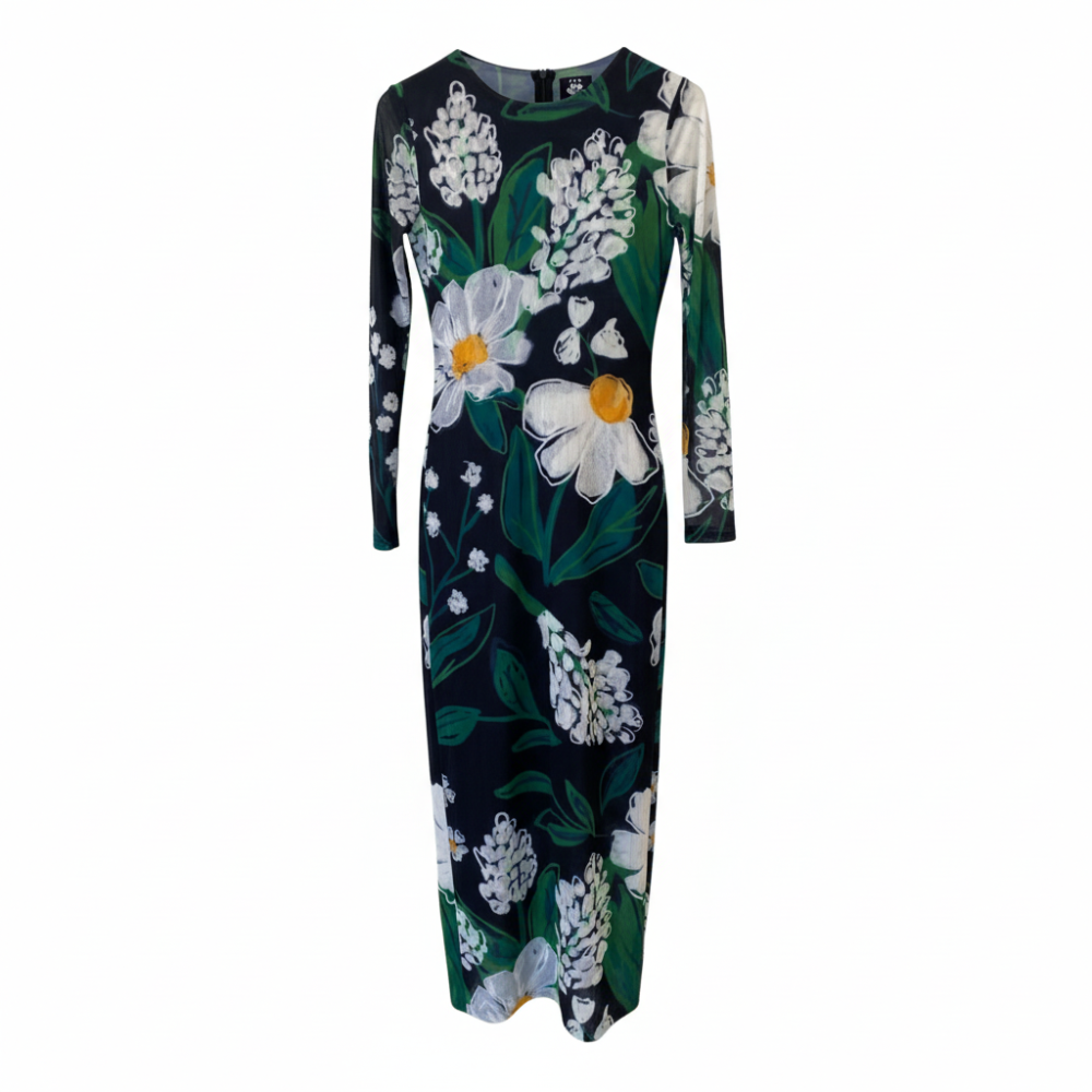 Chic floral midi dress in recycled mesh with nature-inspired print. Elegant, sustainable style. Shop premium styles online.