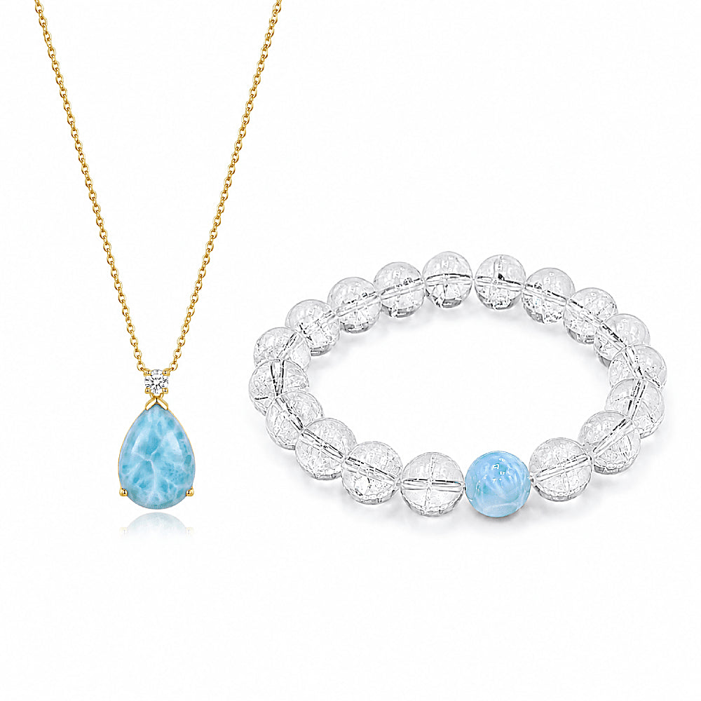Discover the Mermaid's Tear Larimar Necklace & Bracelet Jewelry Set at The Luxe Maison, featuring a natural Larimar necklace paired with a matching Larimar and clear quartz bracelet. Inspired by the luminous waters of the Caribbean, this elegant set showcases unique turquoise and white gemstone patterns reminiscent of sunlight dancing on ocean waves. Known as the "Atlantis Stone," Larimar is found exclusively in the Dominican Republic, making this ocean-inspired jewelry set a distinctive celebration of natu