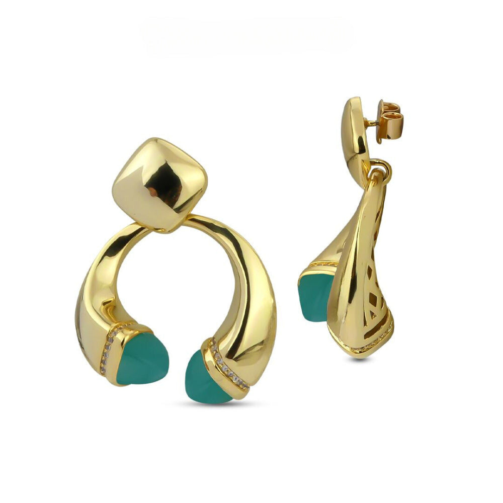Shop online premium gold plated spring earrings with pyramidal crystals and pave cubic zirconia base in elegant dangler style.