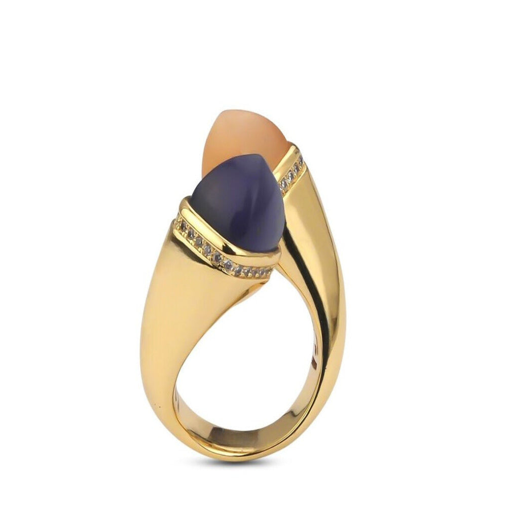 Shop online premium yellow gold plated cuff ring with pyramidal crystals & pave CZ detailing.