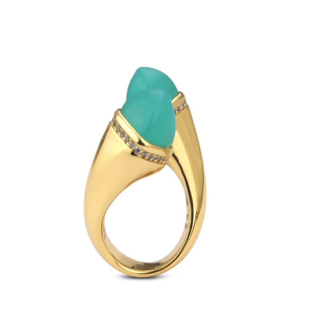Shop online premium yellow gold plated cuff ring with pyramidal crystals & pave CZ detailing.