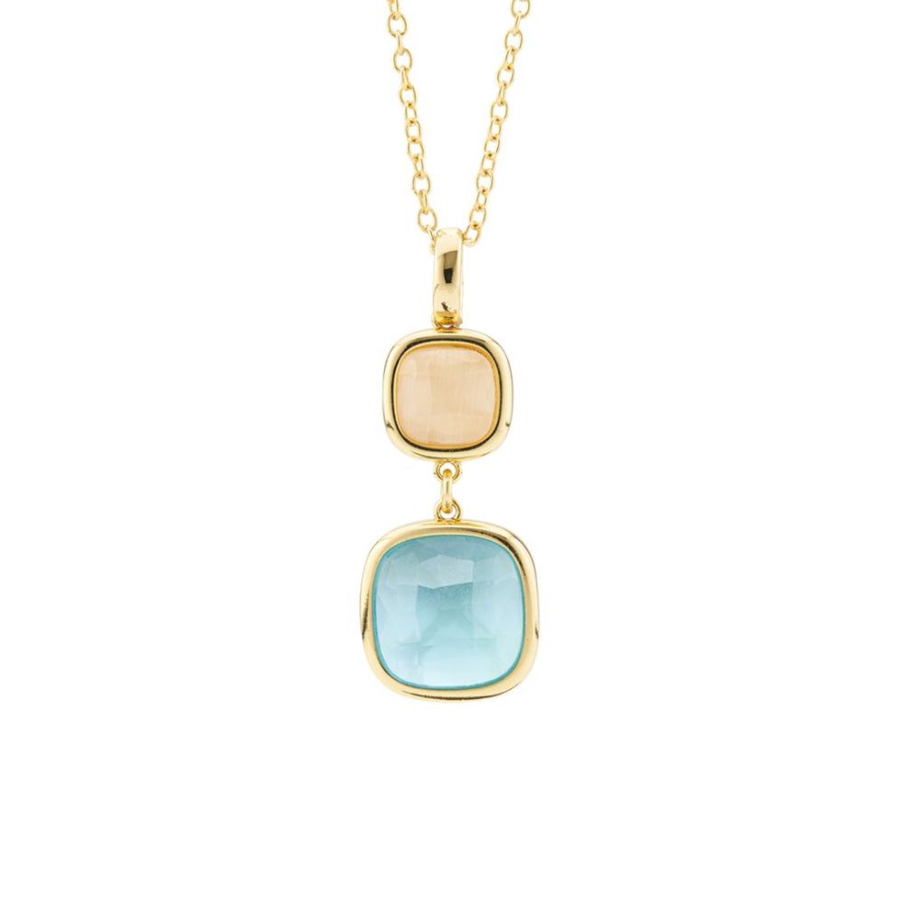 Shop online premium gold plated necklace with peach and aquamarine crystal pendant for elegant everyday wear.