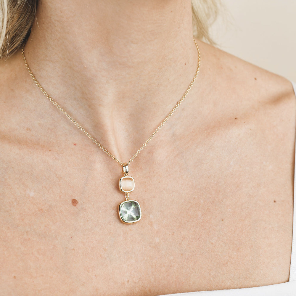 Shop online premium gold plated necklace with peach and aquamarine crystal pendant for elegant everyday wear.