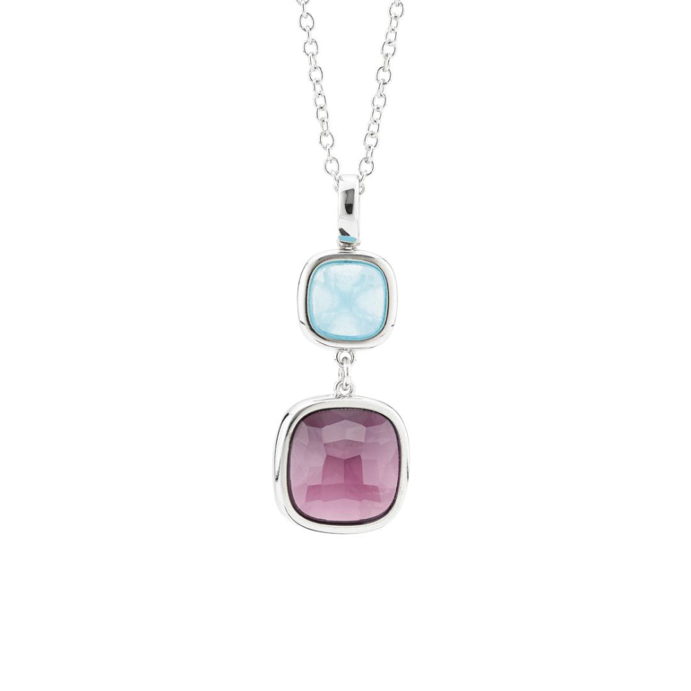Shop online premium rhodium plated necklace with amethyst, aquamarine crystals and elegant circular modules.