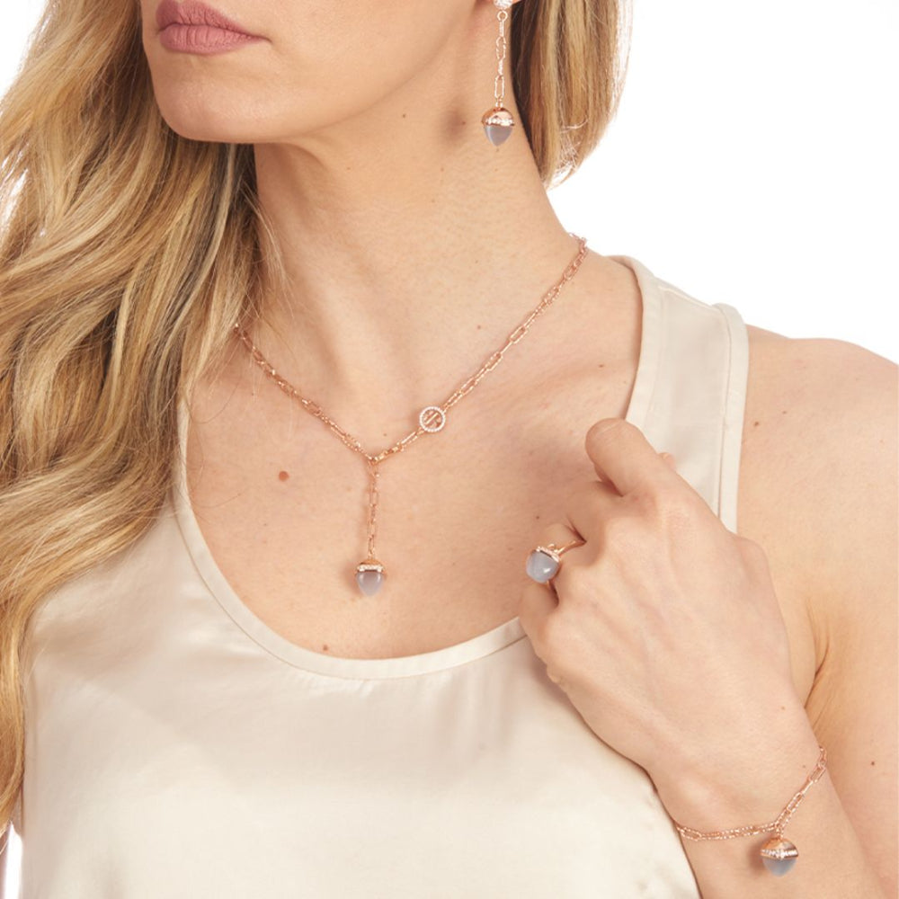Shop online premium rose gold necklace with gray agate crystal pendant and sparkling CZ halo accents.