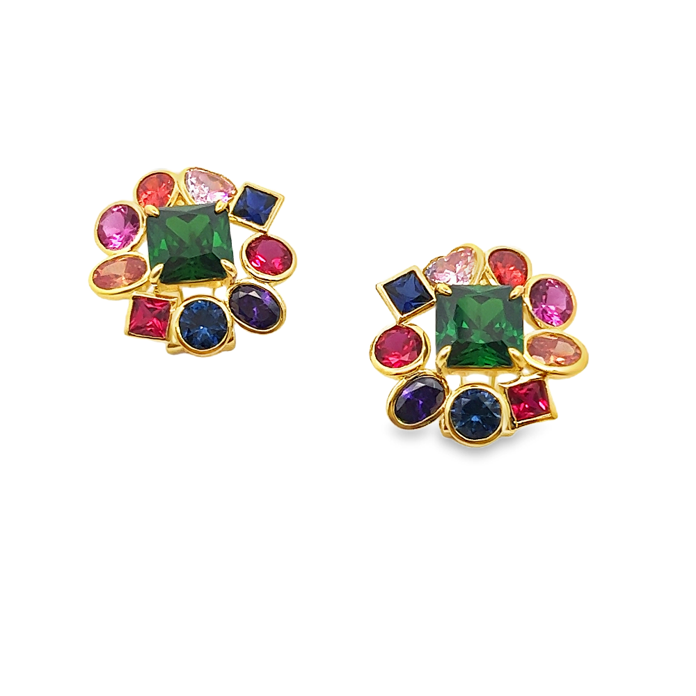 Shop online premium 18K gold color splash stud earrings with sapphire, ruby, emerald and CZ stones.