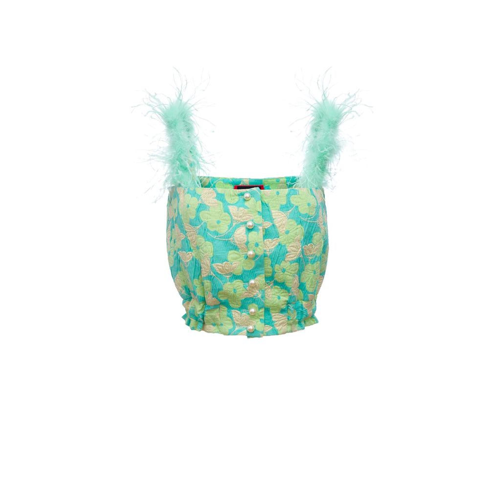 Mint flower top with feather details and pearl buttons is designed with pearl bottoms on the front.