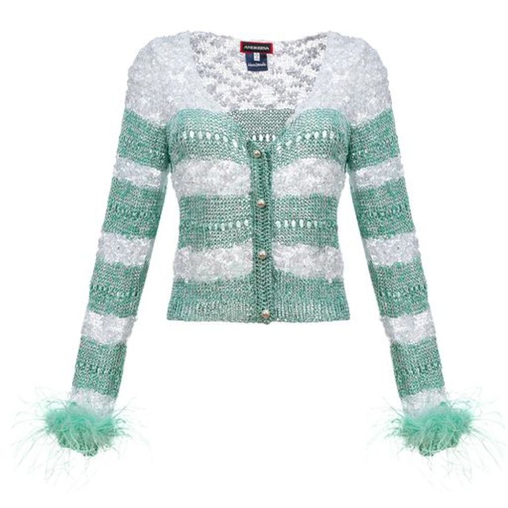 Mint Handmade Knit Sweater With Feather Details On The Cuffs is always on trend. 
