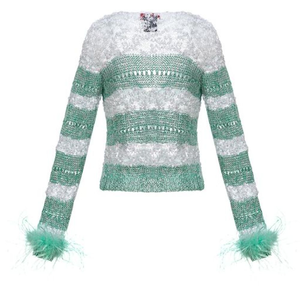 Mint Handmade Knit Sweater With Feather Details On The Cuffs is always on trend. 