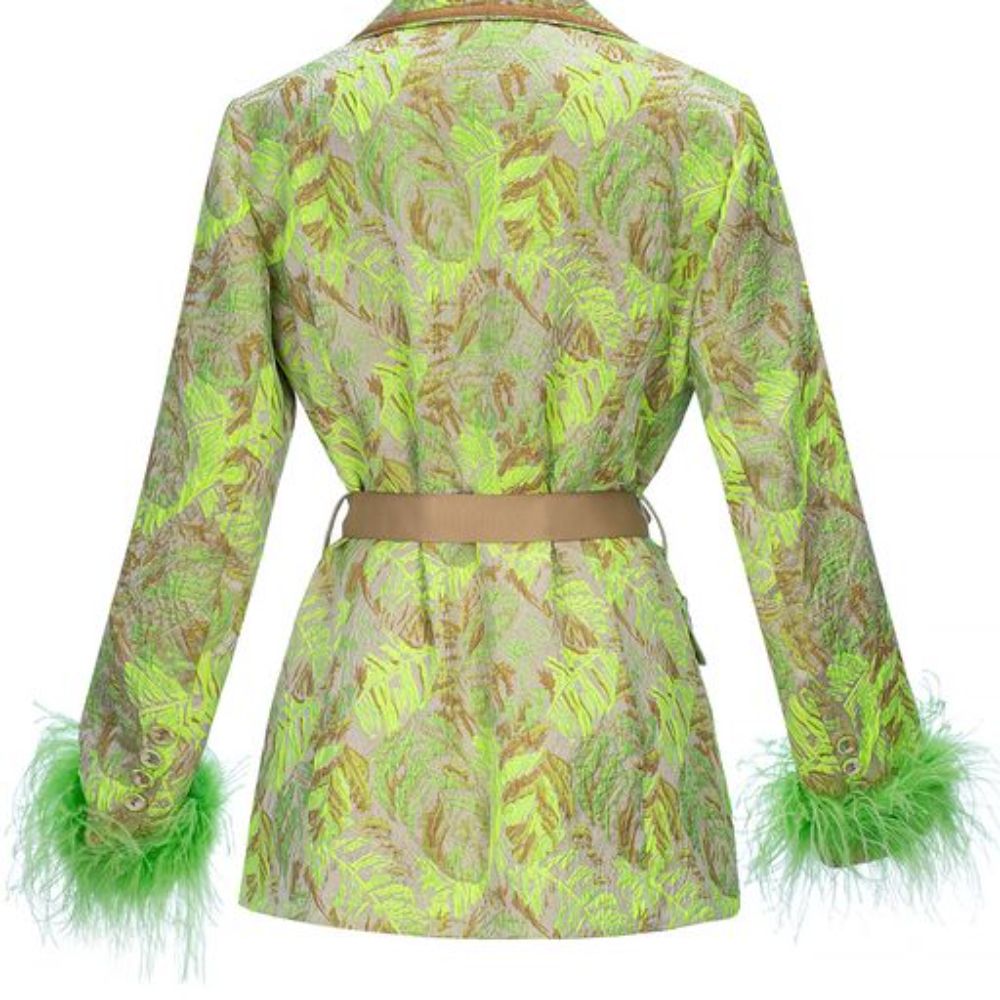 Signature Mint Jacqueline Blazer With Detachable Feather Cuffs has printed fabric with epaulet details. 