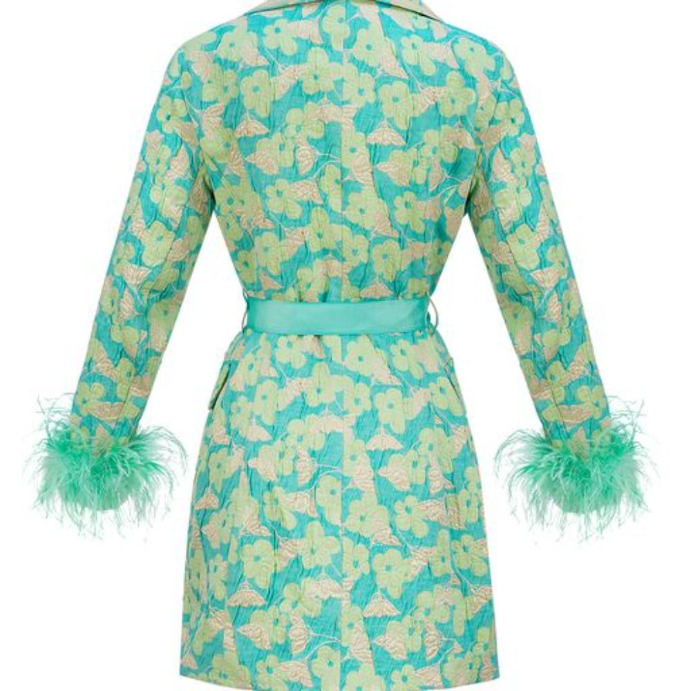 Signature Mint Jacqueline Jacket With Detachable Feather Cuffs has printed fabric with an epaulette details.