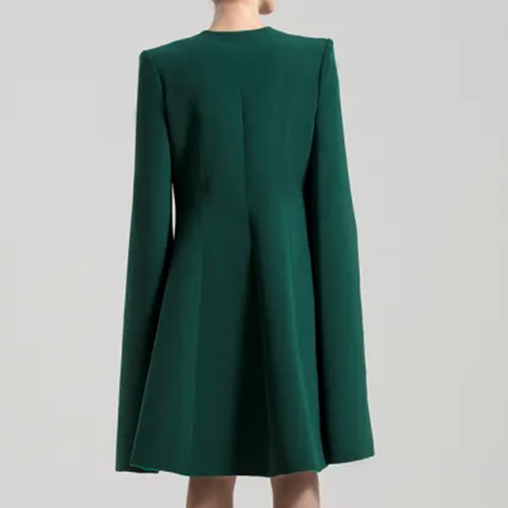 Fully beaded tulle sleeveless tight short dress, with a crepe cape jacket.