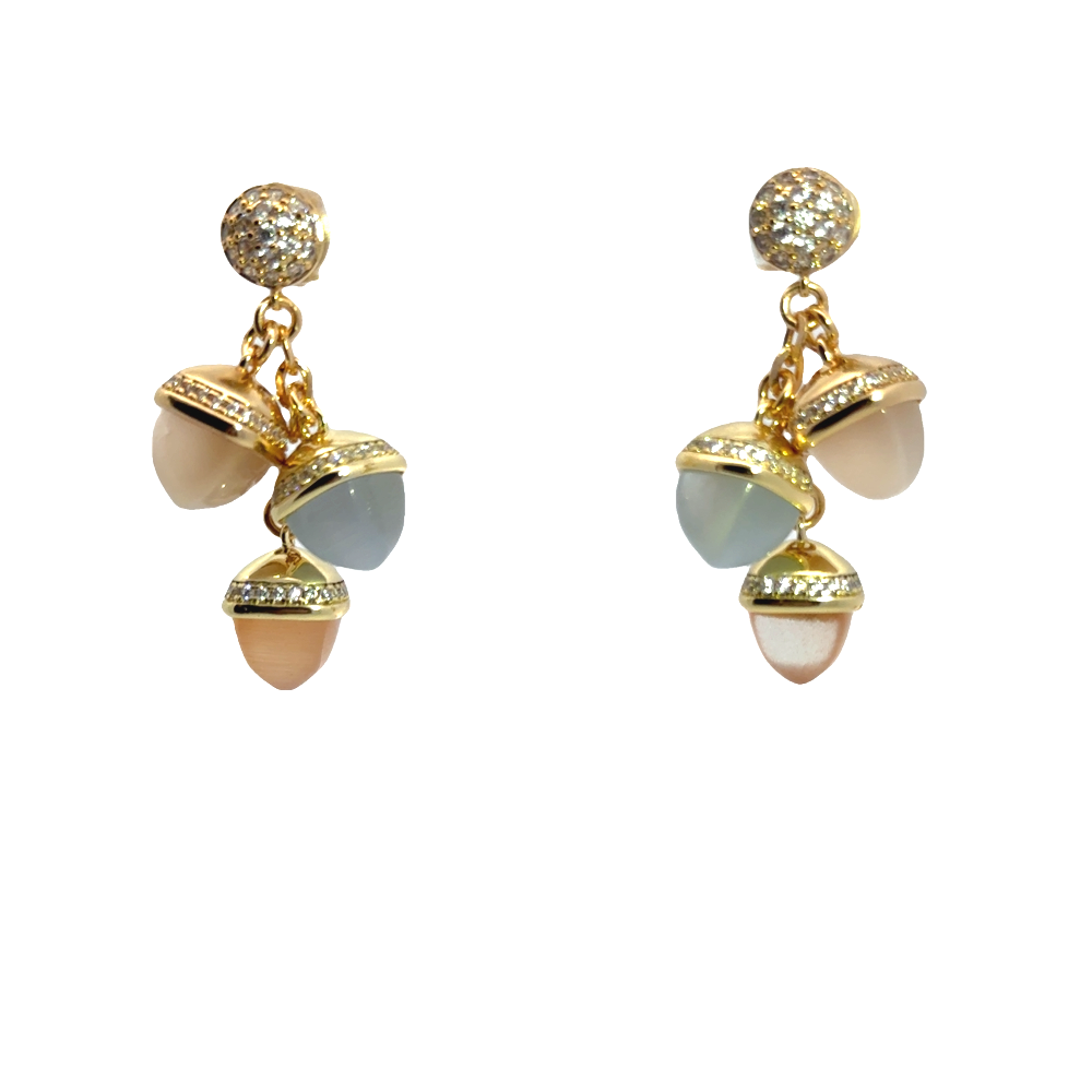 Shop online premium gold plated dangle earrings with moonstone, carnelian and gray agate pyramidal crystals and sparkling cubic zirconia accents.