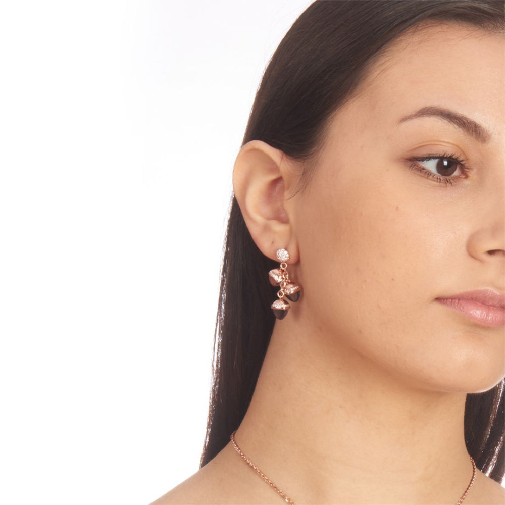 Shop online premium rose gold plated dangle earrings with amethyst, sapphire and morganite pyramidal crystals and sparkling cubic zirconia accents.