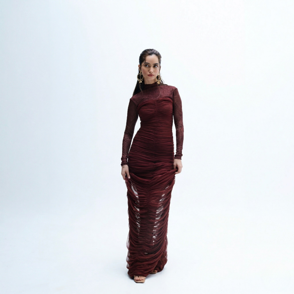 All-over ruched lycra net dress, perfect for brunch, birthdays, and parties. Shop online from our exclusive collection of premium styles.