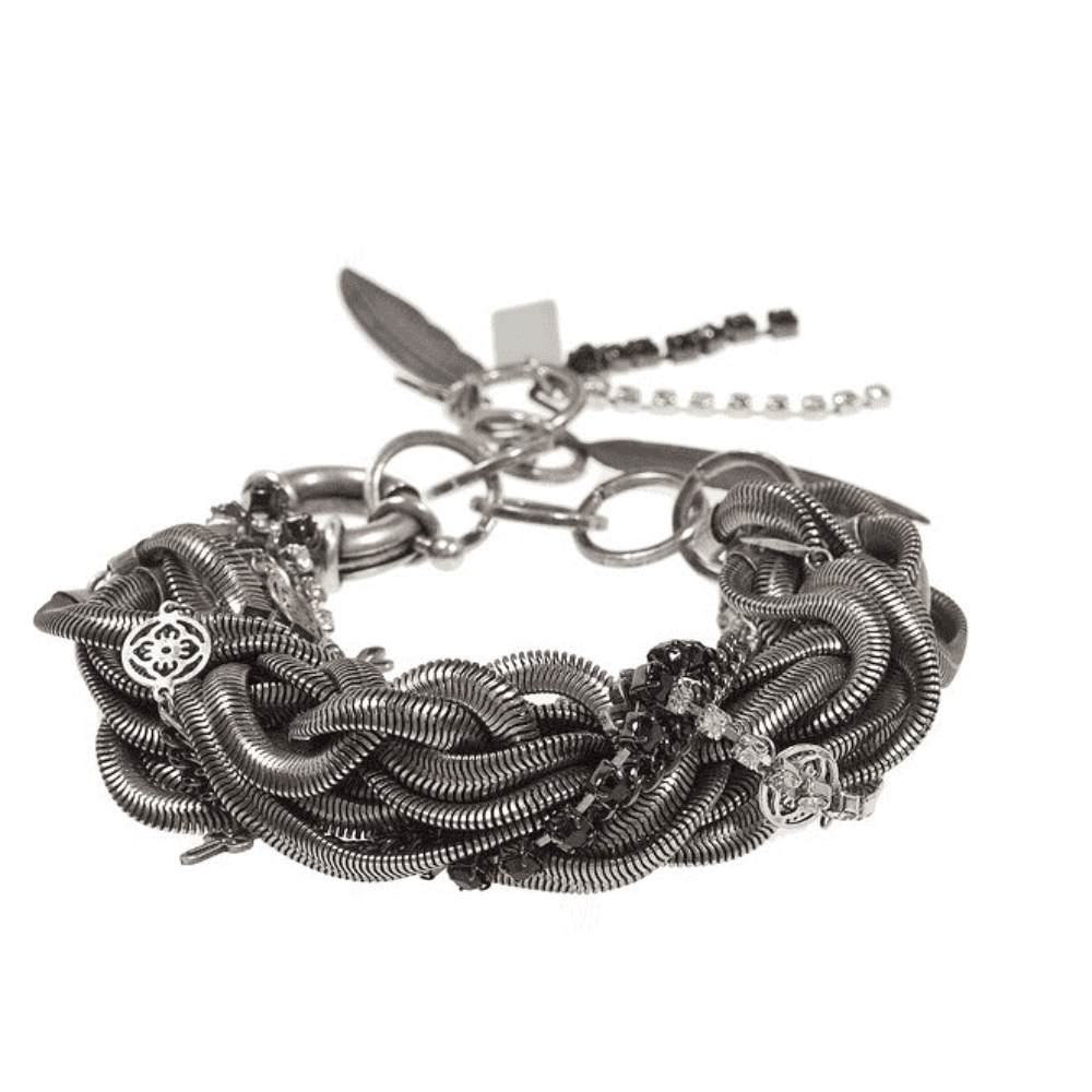 Multi chain bracelet made with silver and black ematite crystals. Silver plated brass, little cross charms and metal feather.