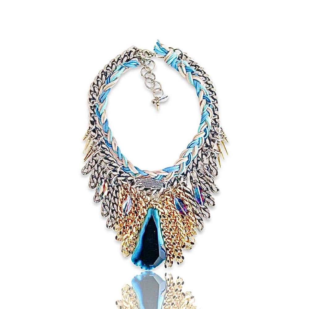 Multi strand necklace with big blue agate stone and suede leather.