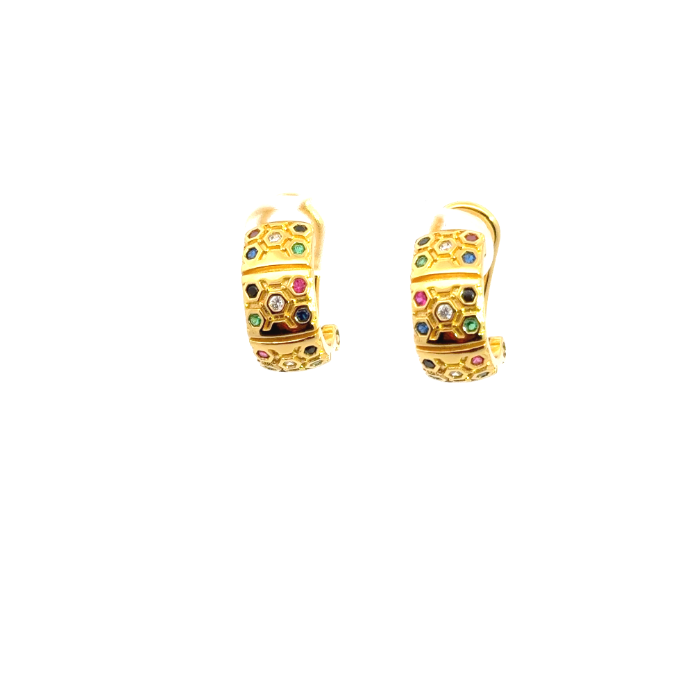 Elegant 22K yellow gold plated huggie earrings with vibrant multicolor gemstones for a luxe and timeless look. Perfect for every occasion. Shop premium jewelry online.