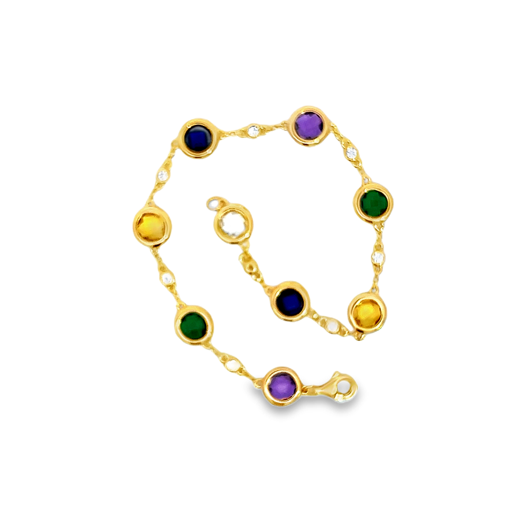 Sterling silver 18k gold-dipped bracelet with cubic zirconia, green nano sital, lab-created blue and white sapphires, amethyst, and citrine accents. Shop premium jewelry online.