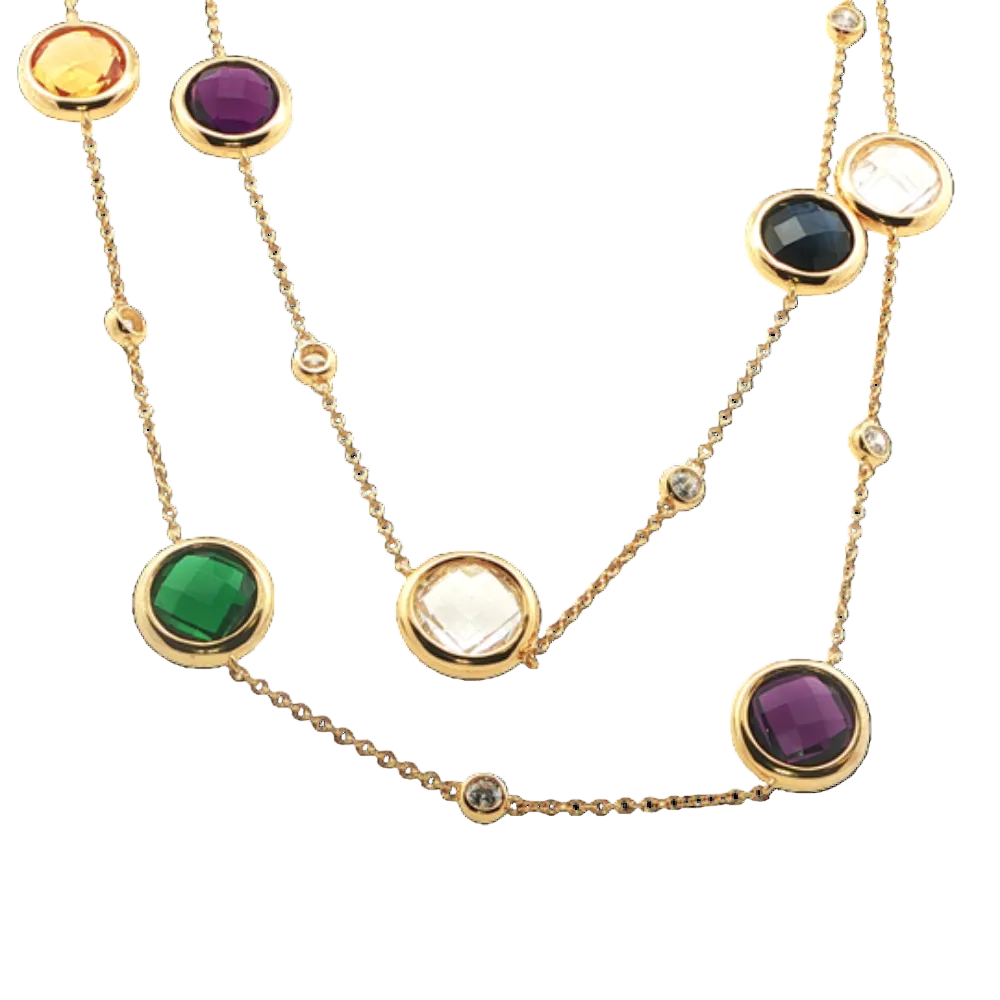 Shop online premium 18K gold-dipped long necklace with sapphire, amethyst & CZ stones.