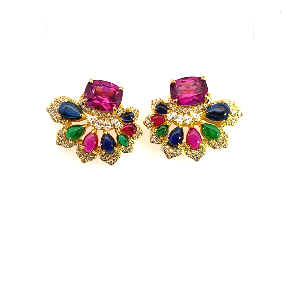 Shop online premium 18K gold multigem earrings with sapphire, ruby, nano sital and CZ stones.