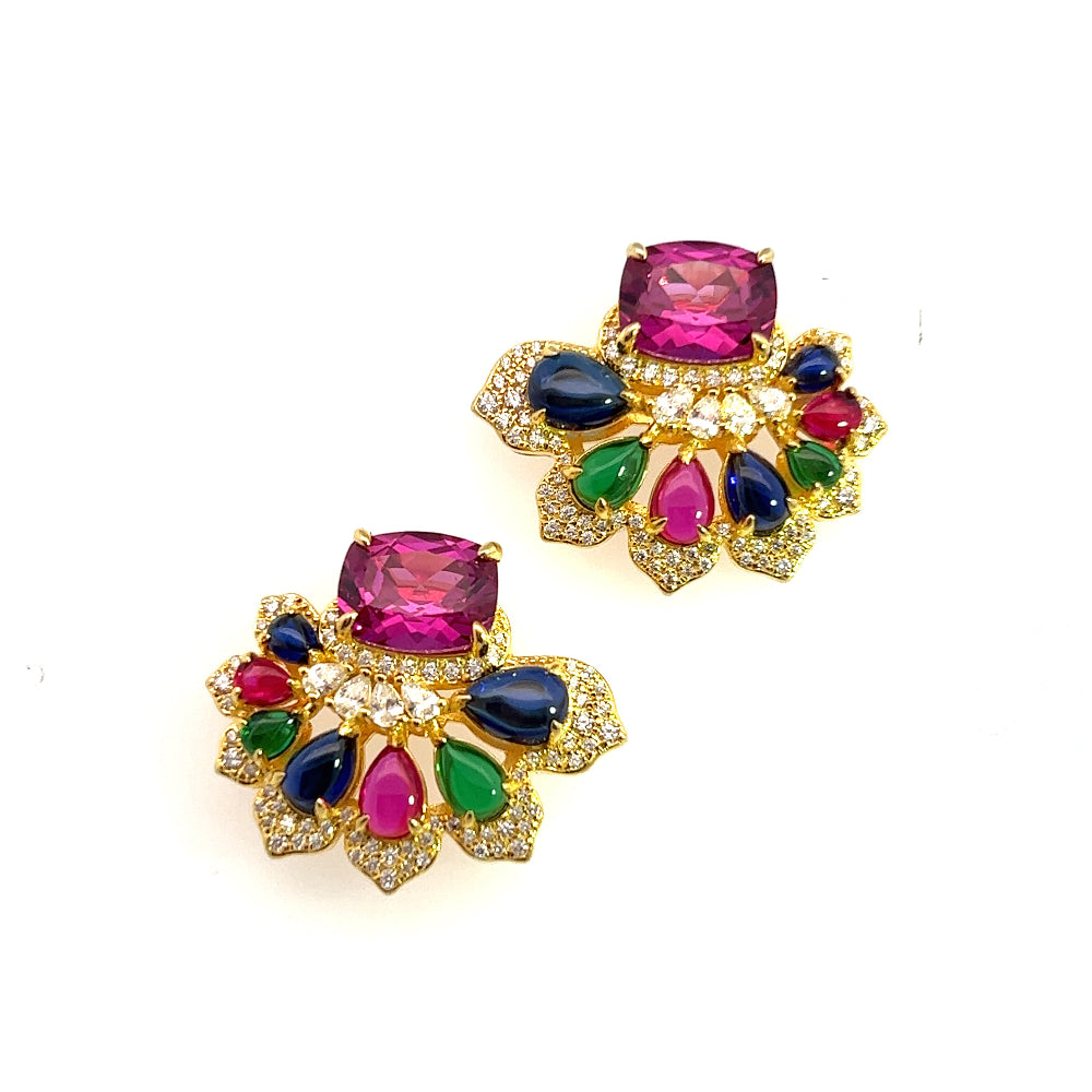 Shop online premium 18K gold multigem earrings with sapphire, ruby, nano sital and CZ stones.