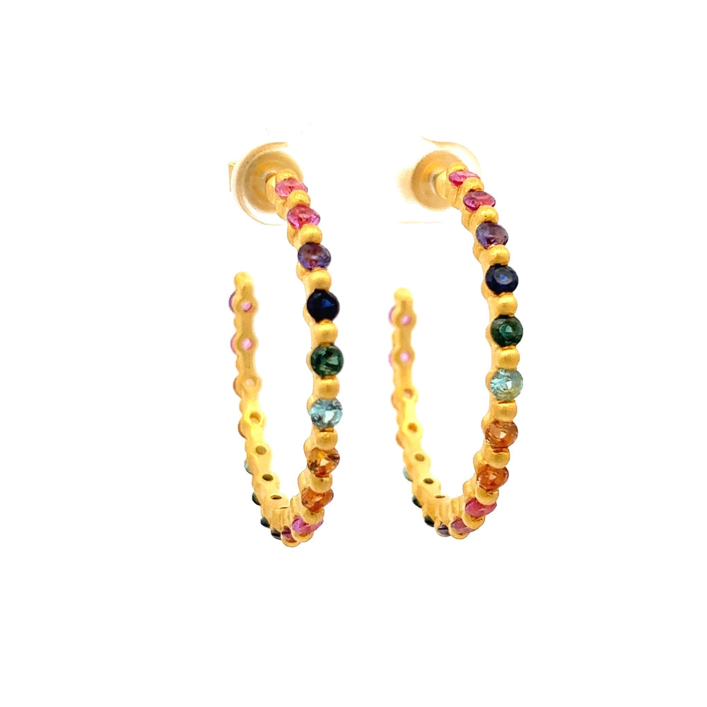Shop online premium 18K gold multigemstone hoop earrings with ruby, sapphire & CZ stones.
