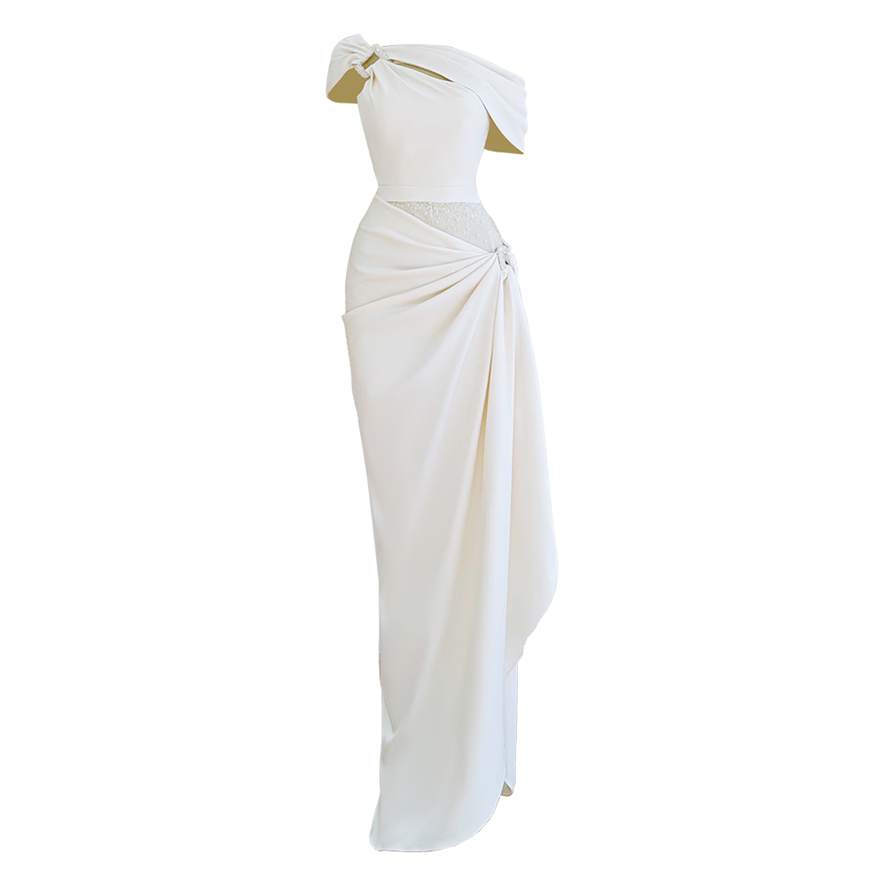 Discover Mushroom Long Dress with Hand Cover Stacking. Elevate your wardrobe with this piece from our designer women's wear collection. Shop Now!