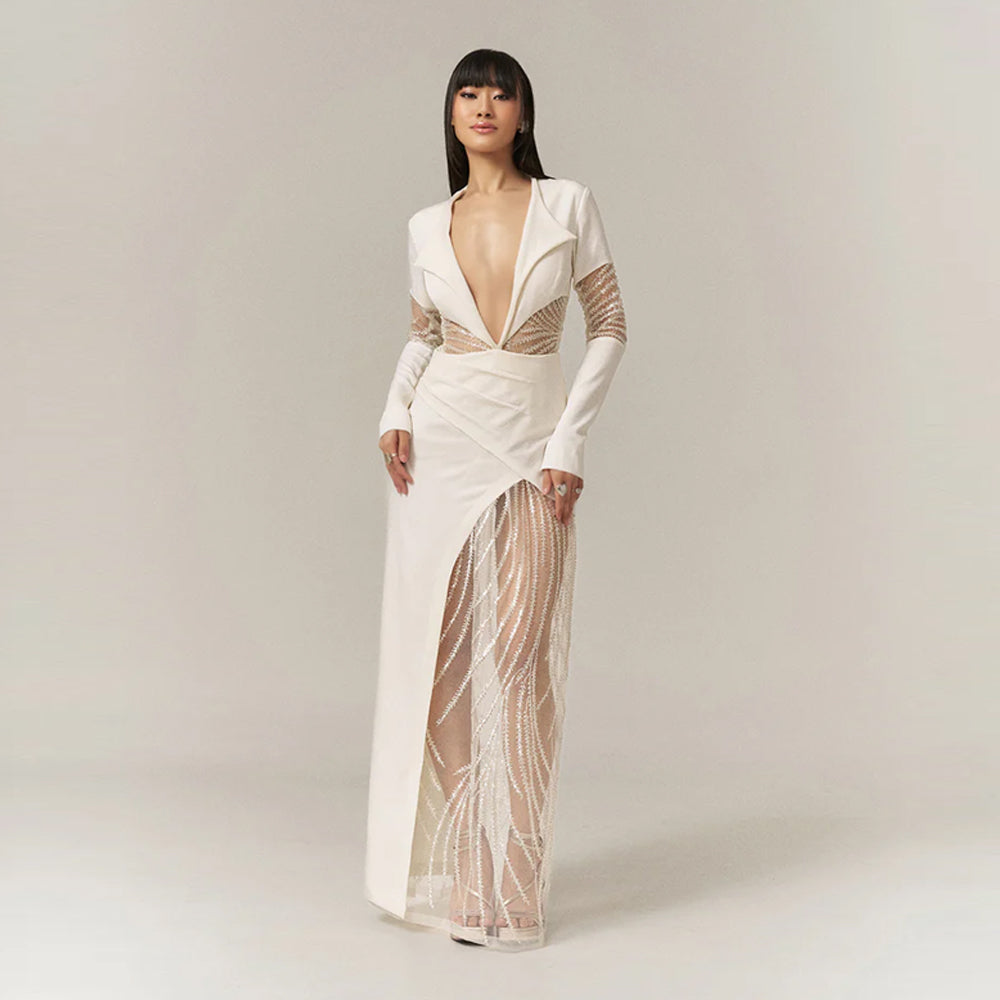 Hand embroidered dress with net and drape, perfect for cocktails and weddings. Shop online from our curated edit of premium fashion.