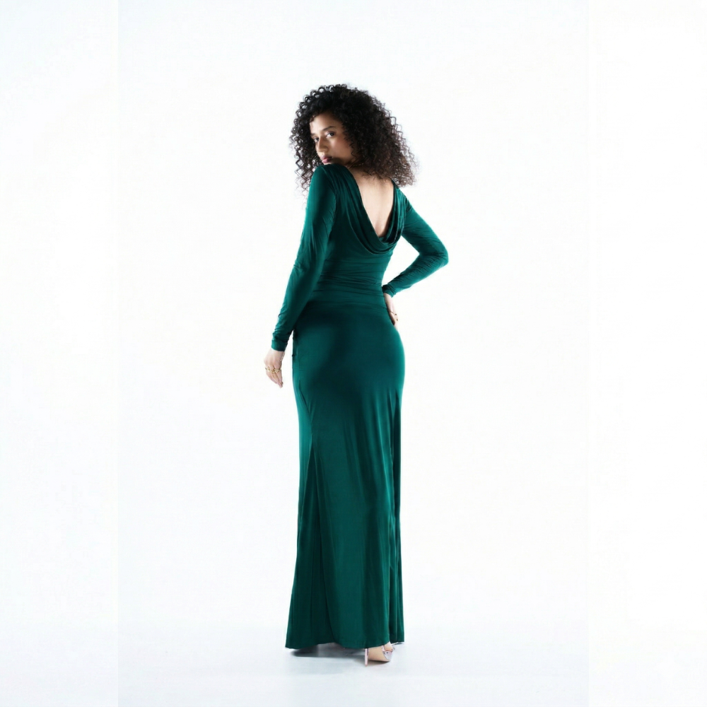 Green lycra maxi dress with front knot and high slit, perfect for parties and nights out. Shop online from our exclusive collection of premium party wear styles.