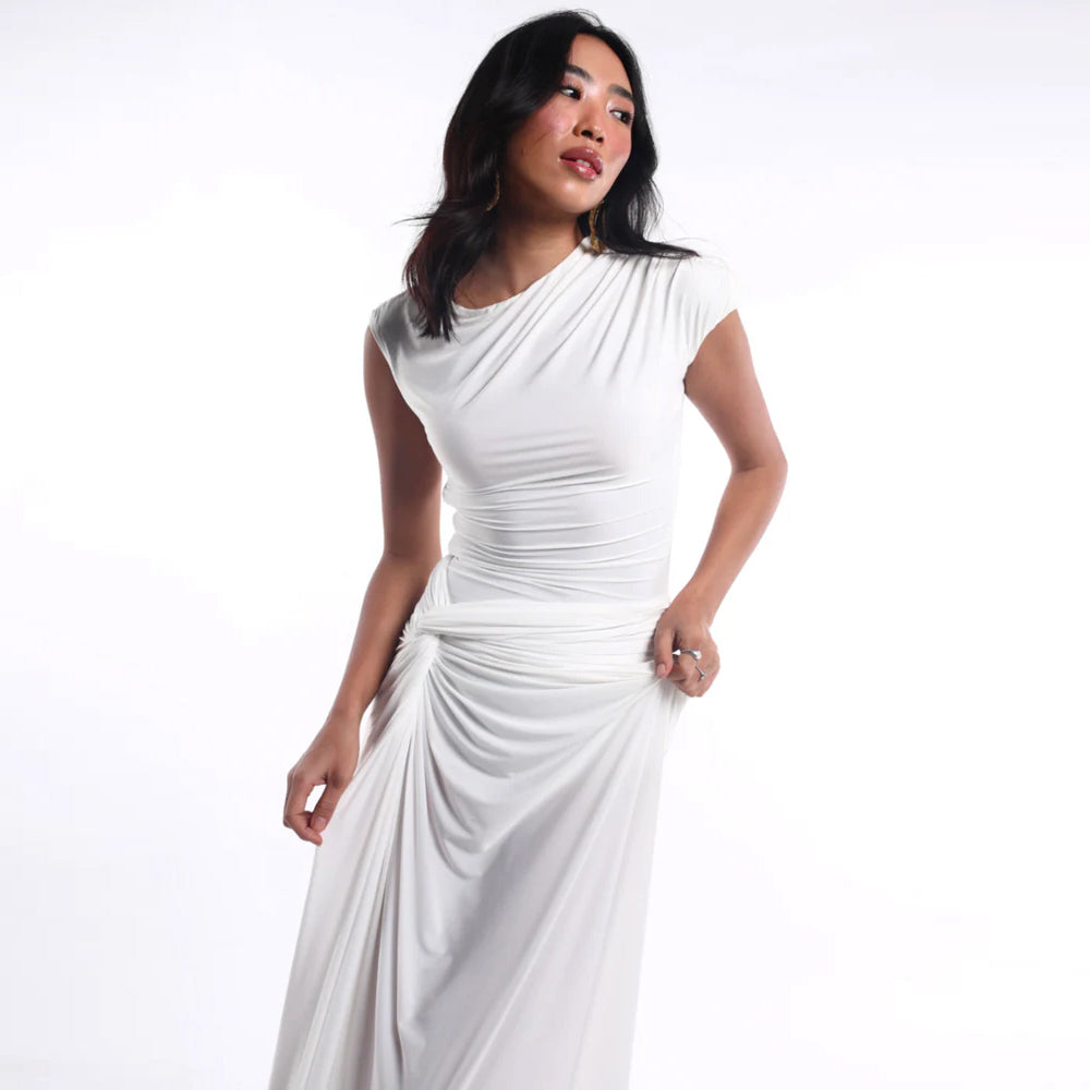 Draped dress with cinched waist and sculpted fit, perfect for events. Shop online from our curated edit of premium fashion.