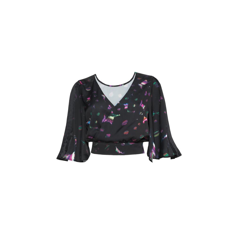 Wrap silk top with pleated sleeves detail.