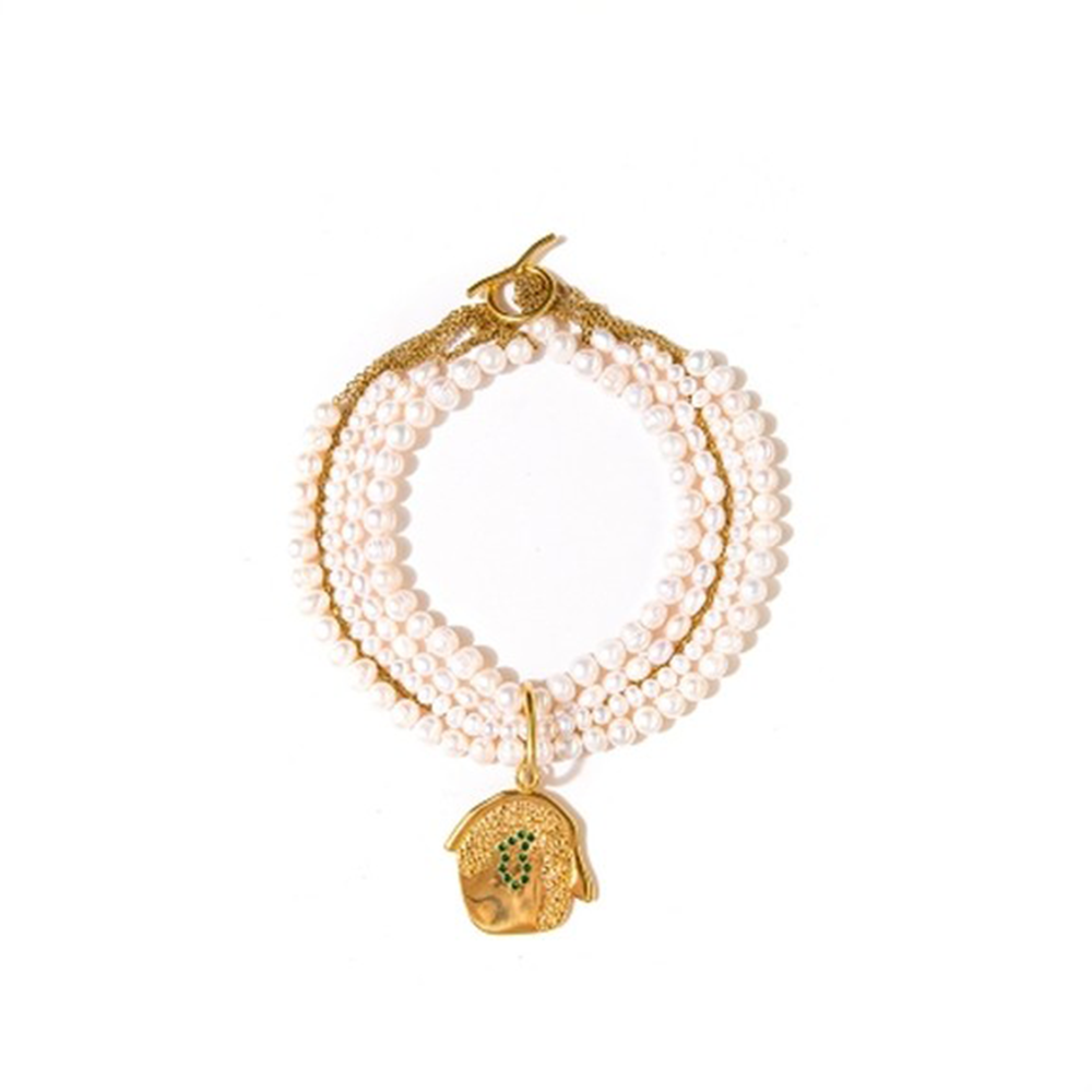 Pearl and chain choker with pendant embellished with multi colored zircon stones.