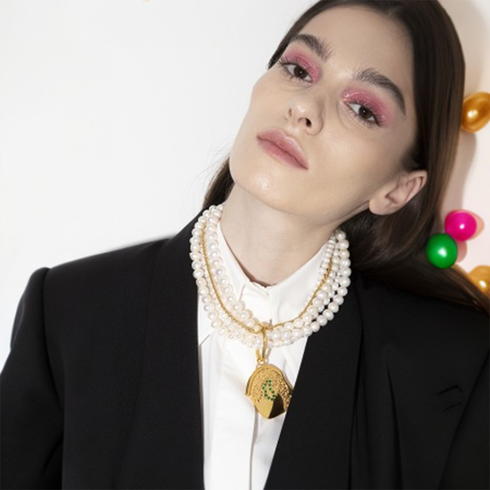 Pearl and chain choker with pendant embellished with multi colored zircon stones.