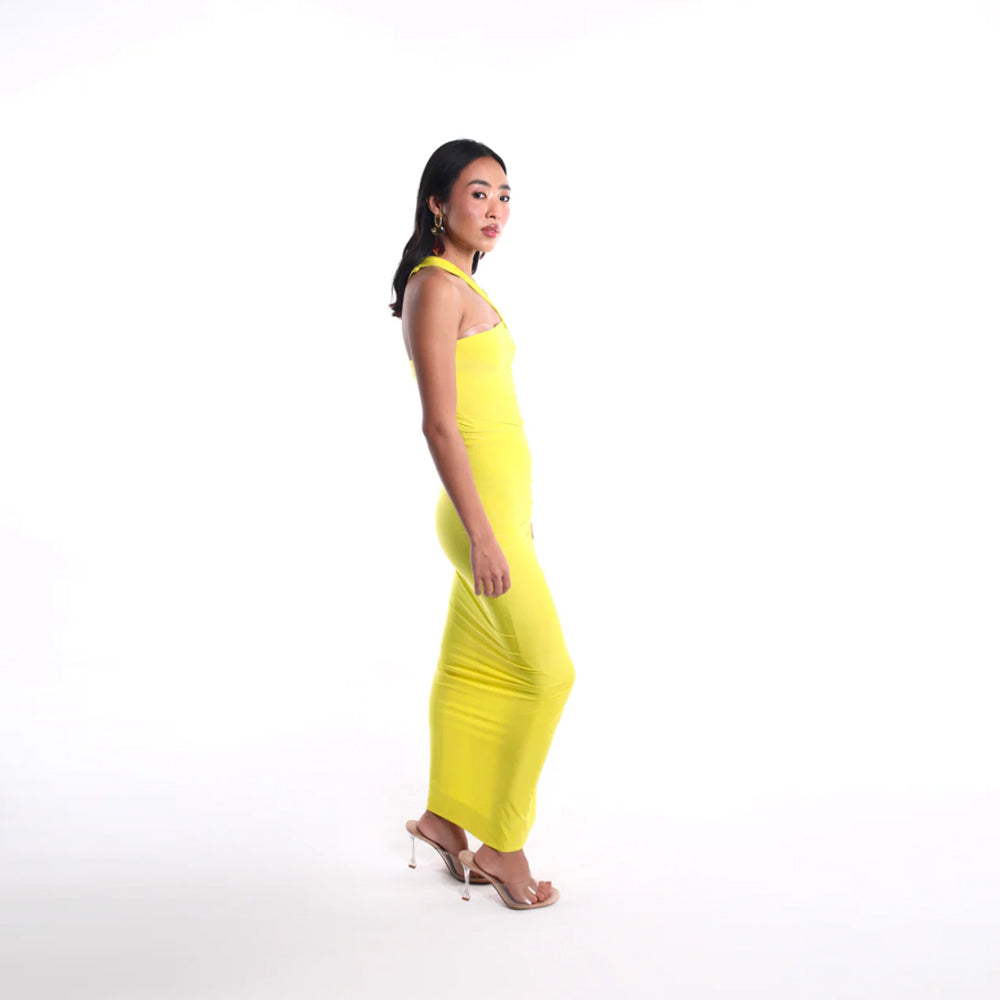 Chartreuse one shoulder dress with cut out and slit, perfect for parties. Shop online from our curated edit of premium fashion.