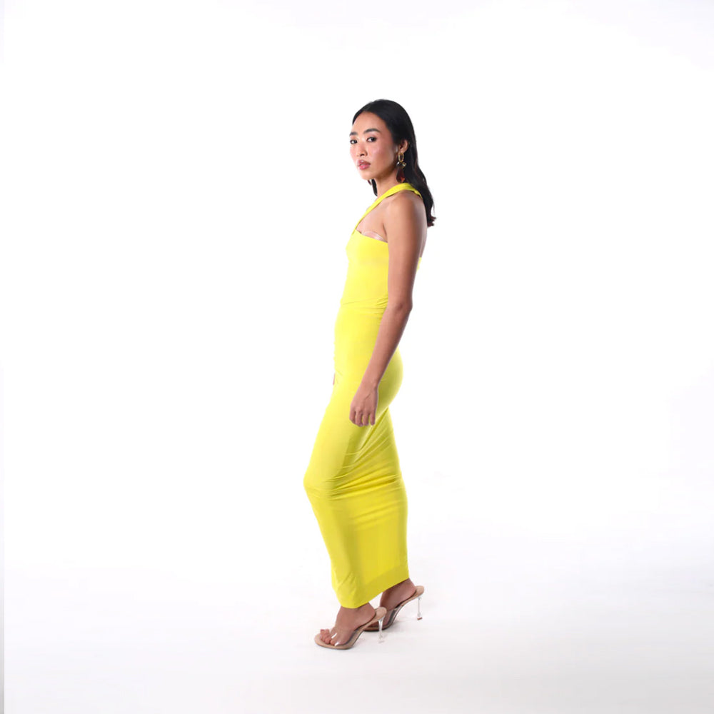 Chartreuse one shoulder dress with cut out and slit, perfect for parties. Shop online from our curated edit of premium fashion.